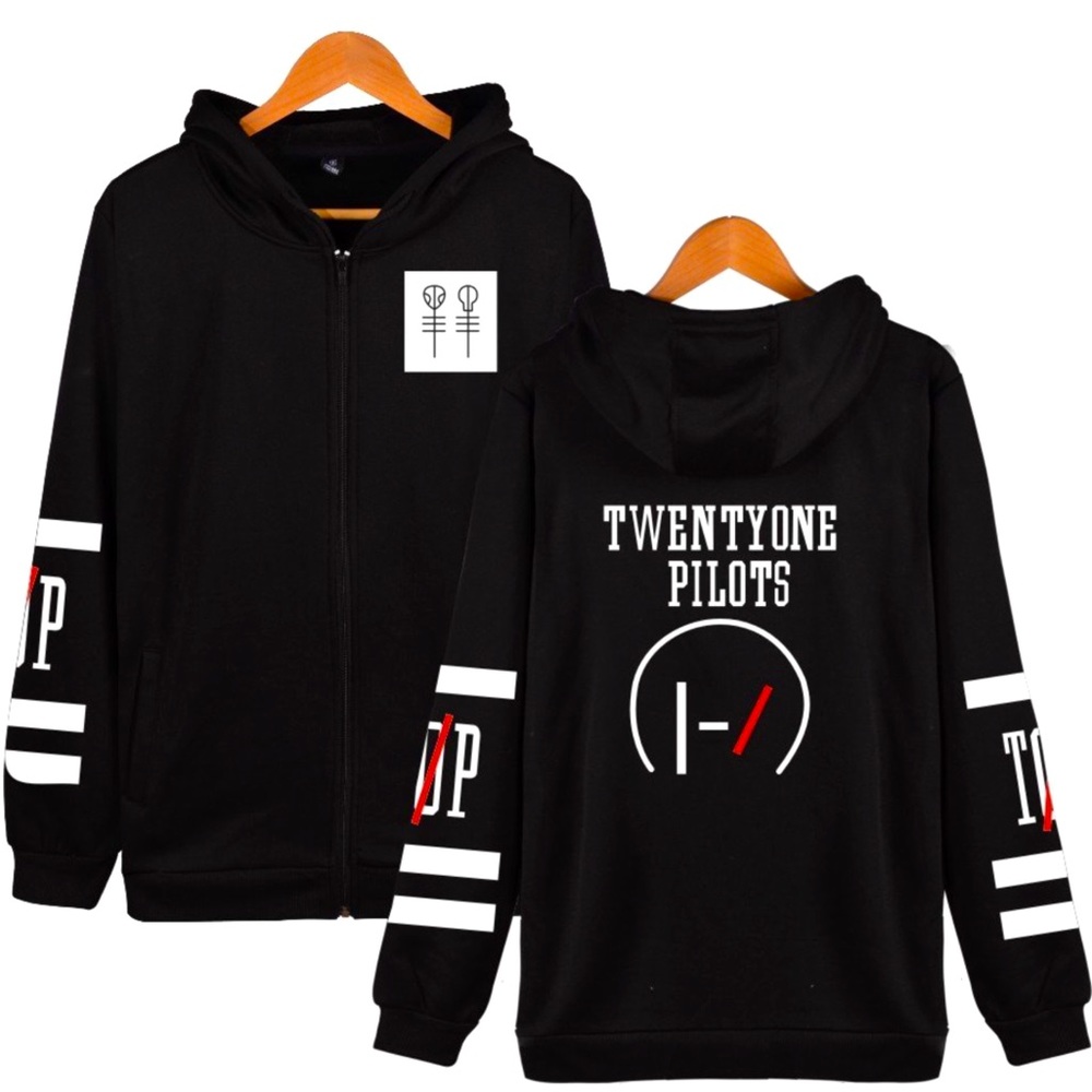 Twenty One Pilots Graphic Sweatshirt Full Zip Up Casual Hoodie Unisex Black